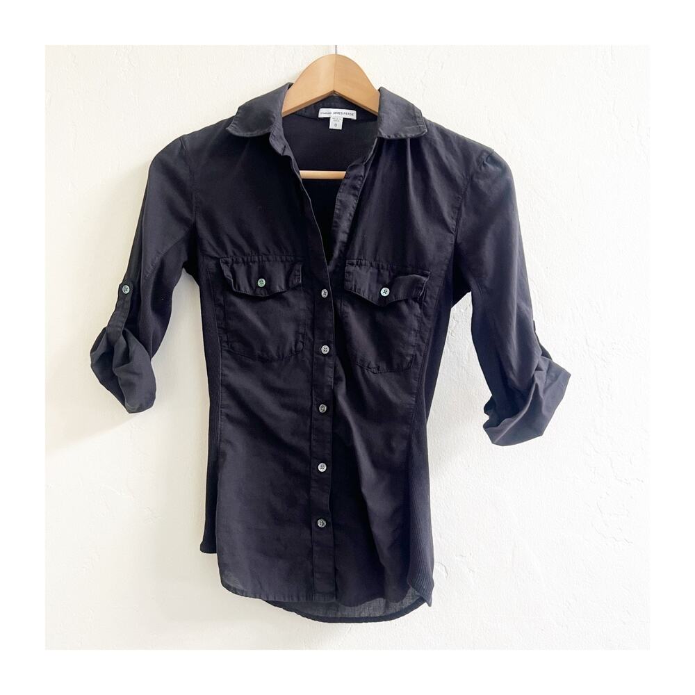James Perse Shirt Women 0 Black Standard Fit Roll Tab Sleeve Button Down Classic